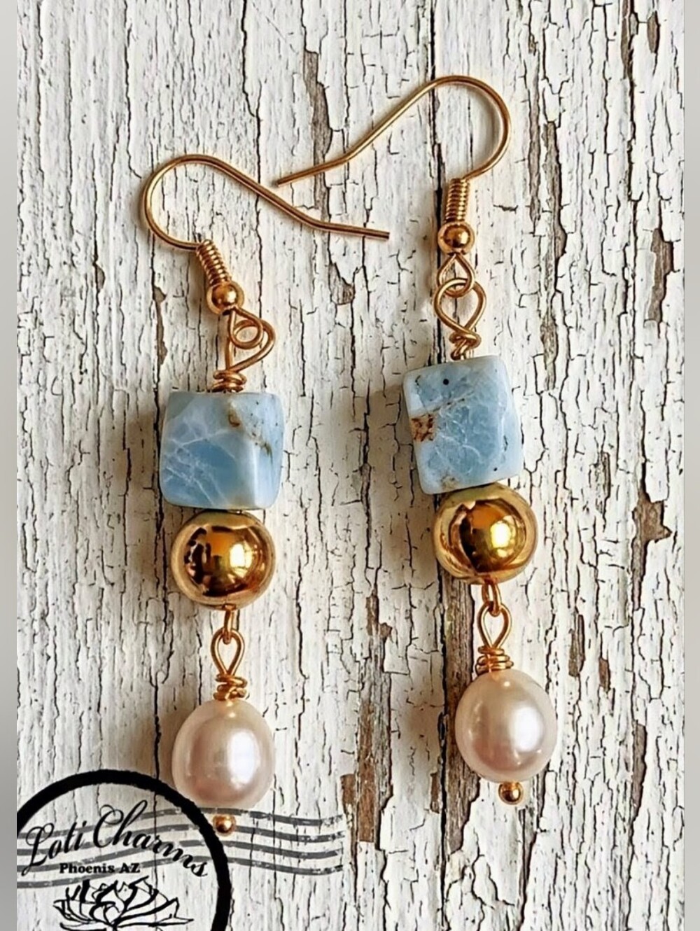 Sky Blue Larimar  & Freshwater Pearl In Gold Plated Earrings